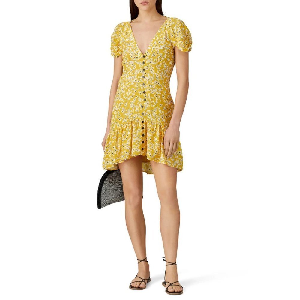 Wish Golden Bloom Floral Crepe V-Neck Short Sleeve Dress Size Medium